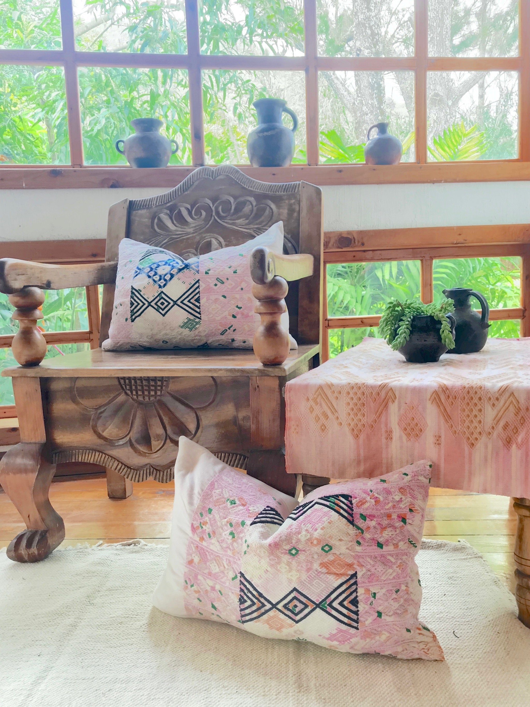 Guatemalan Huipil Pillow, vintage, hand woven pastel pink lumbar cushion from Nahuala 