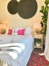 Set of 3 Guatemalan Huipil Pillows, vintage, hand embroidered textiles in hot pink and white with a playful tribal design