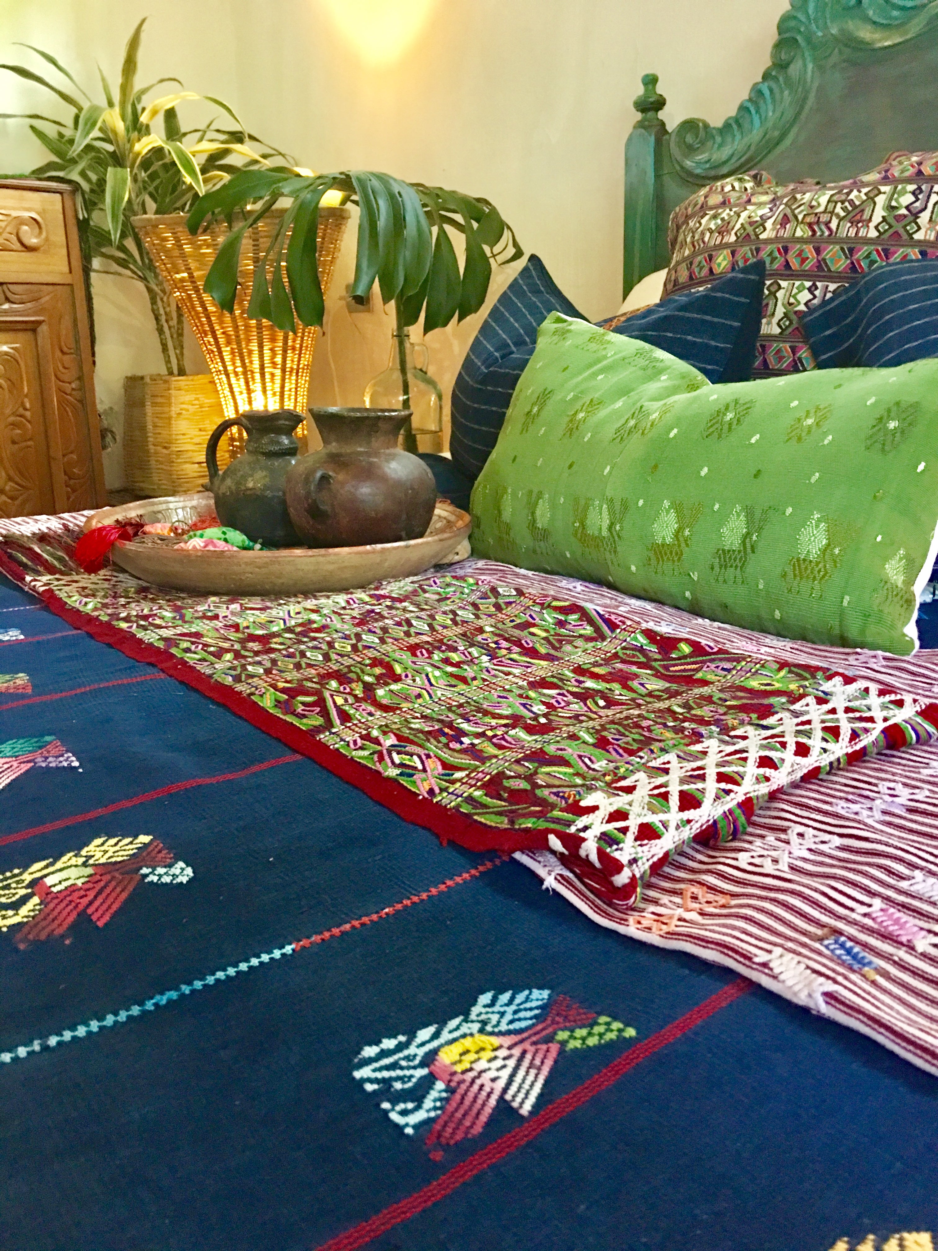 Guatemalan Textile, red and green hand embroidered table runner with fringe, originally a Nebaj tzute