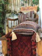 Guatemalan Textile Pillow, vintage, hand woven brown striped ikat lumbar cushion with tassels
