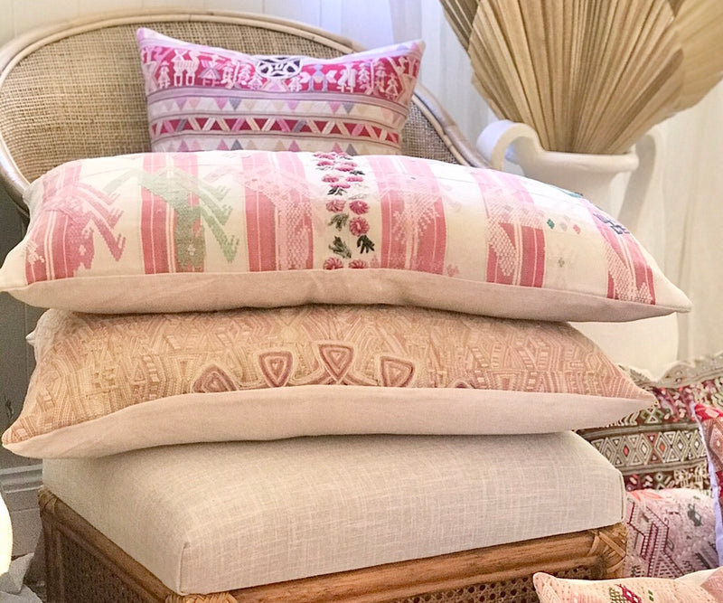Guatemalan Huipil Pillow, vintage, hand embroidered textile in a beautiful blush and golden beige with subtle abstract tribal figures 