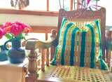 Guatemalan Textile Pillow, vintage, hand woven green and olive striped ikat throw cushion 