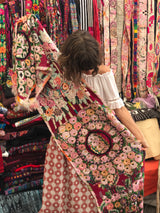 Guatemalan Textile, floral table runner with tassels made from 4 huipiles from Patzun
