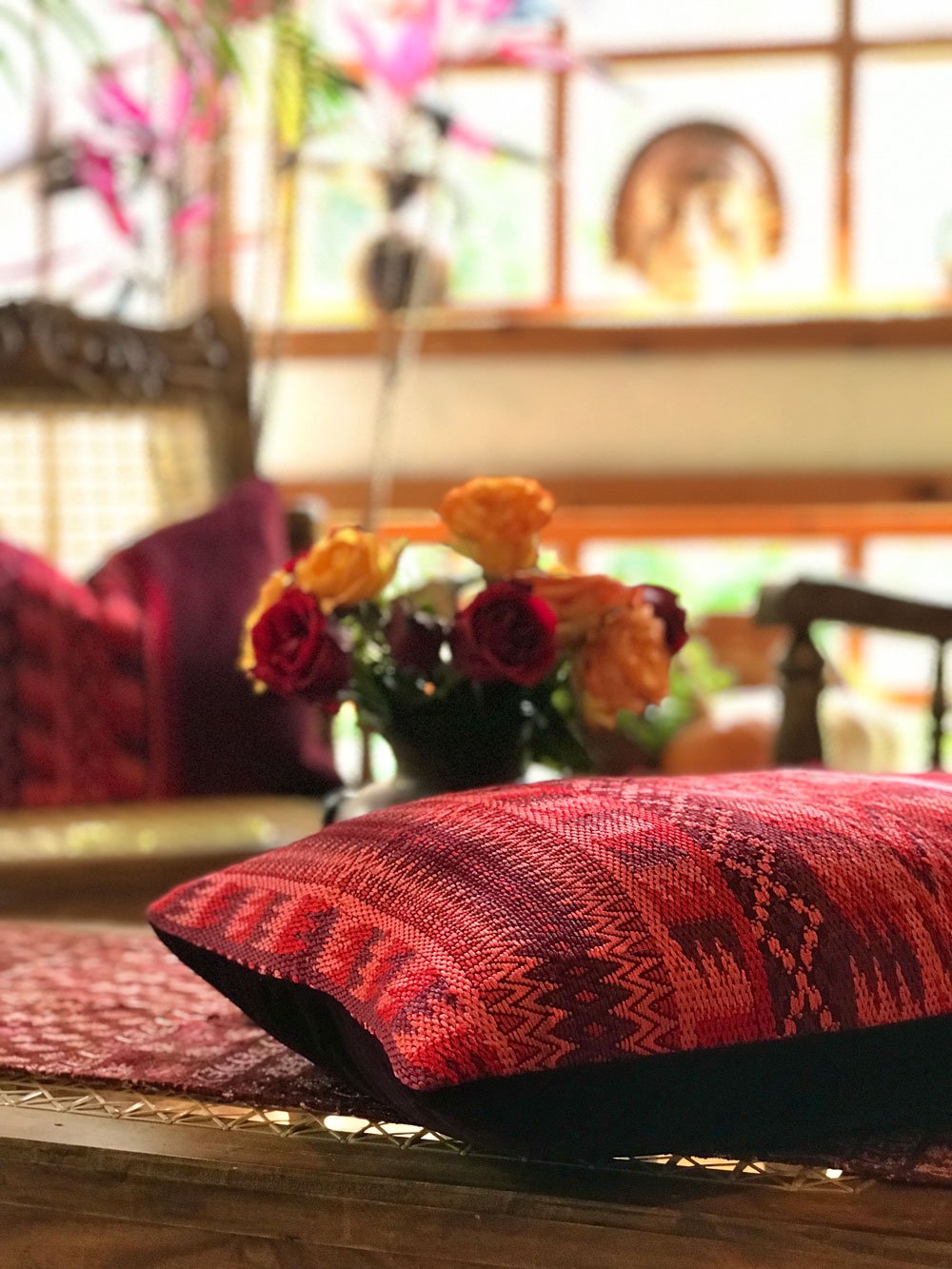 Guatemalan Huipil Pillow, vintage, hand woven red lumbar cushion from Santa Maria de Jesus
