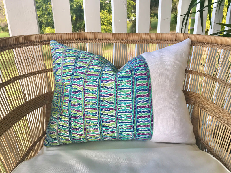 Guatemalan Huipil Pillow, vintage, hand woven blue and white lumbar cushion from San Juan Cotzal 