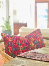 Guatemalan Huipil Pillow, vintage, hand woven colourful pink lumbar cushion from Coban