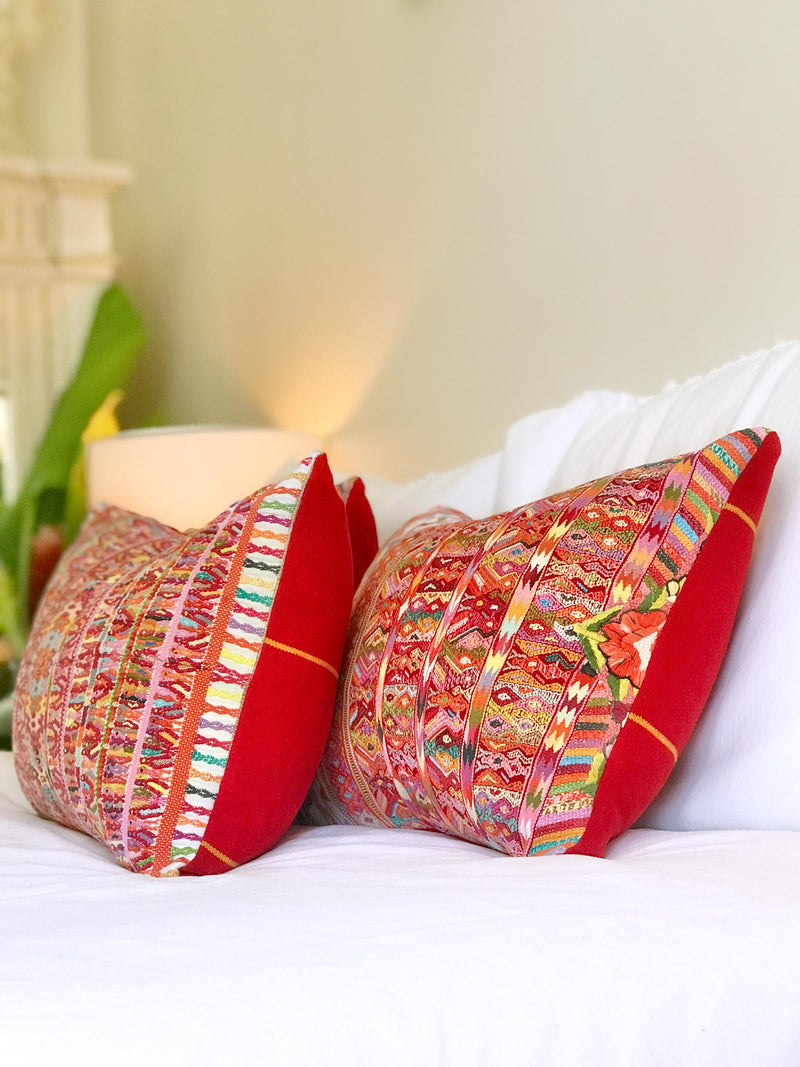 Vintage textile cushions made from a Guatemalan huipil and corte.