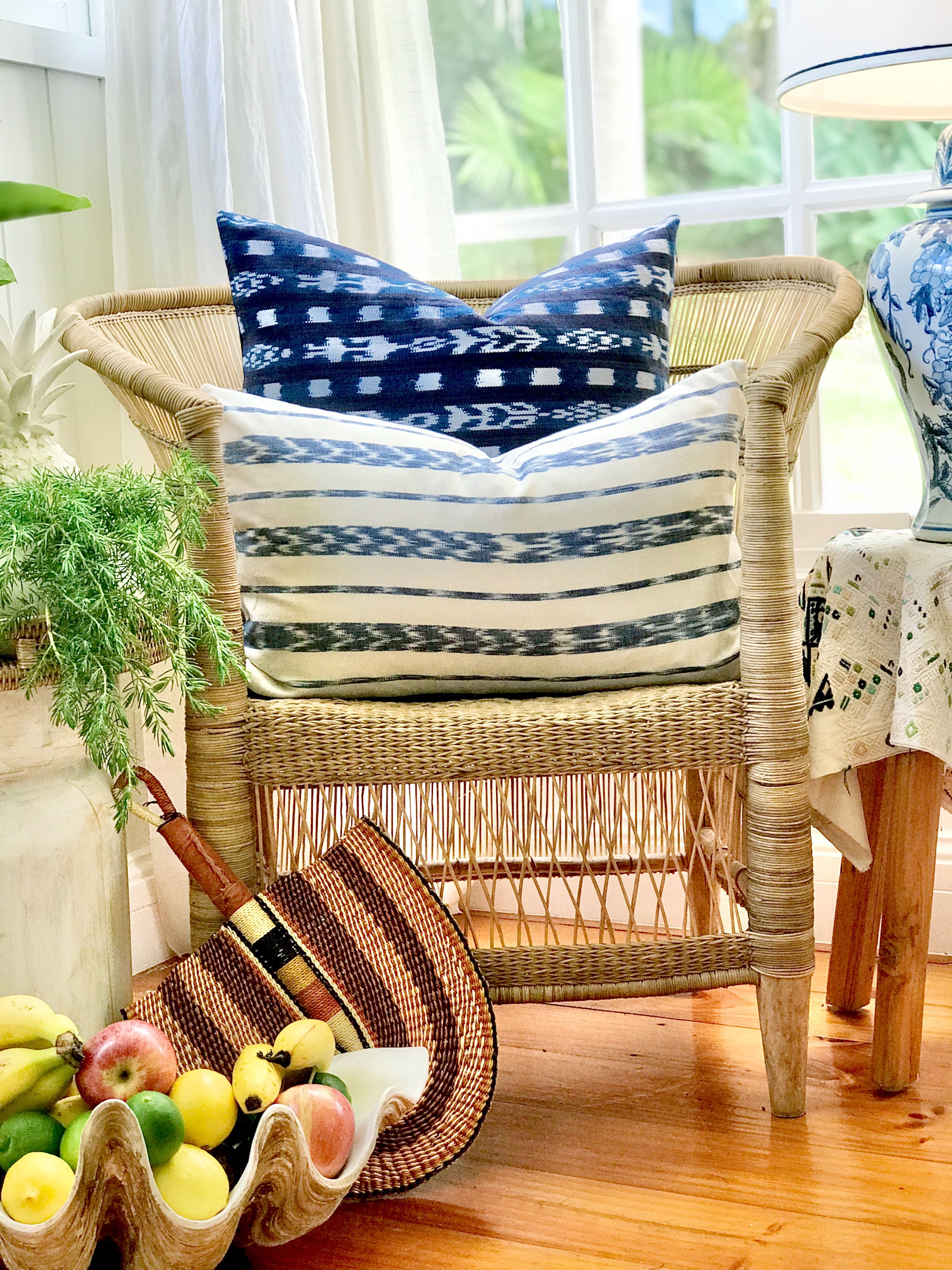 Guatemalan Textile Blue White Striped Ikat Cushion L AMOUR ARTISANS