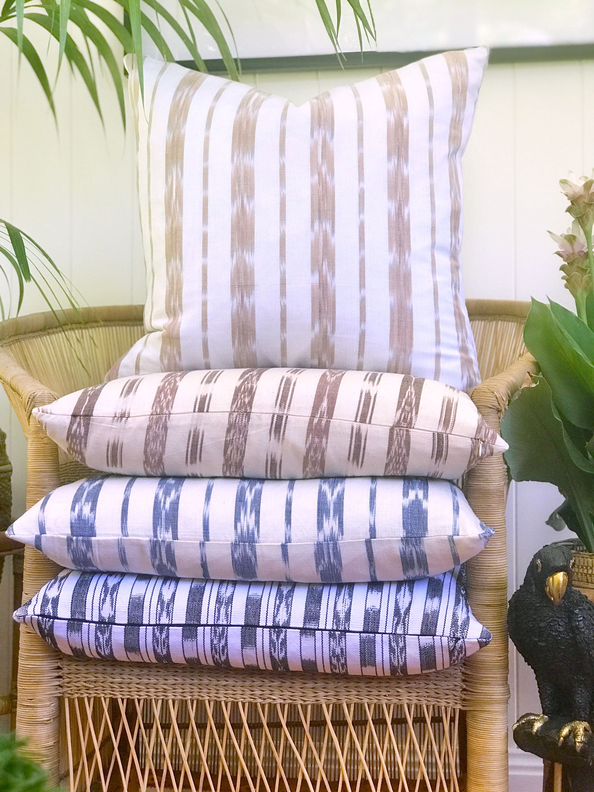 Guatemalan Textile Blue White Striped Ikat Cushion L AMOUR ARTISANS