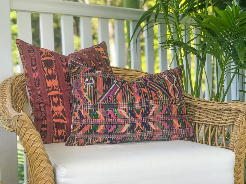 Guatemalan Textile Pillow, Vintage, hand woven coral lumbar cushion from Nebaj