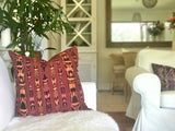 Guatemalan Corte Pillow, hand woven coral ikat throw cushion with tassels