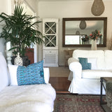Guatemalan Huipil Pillow, vintage, hand woven blue and white lumbar cushion from San Juan Cotzal 