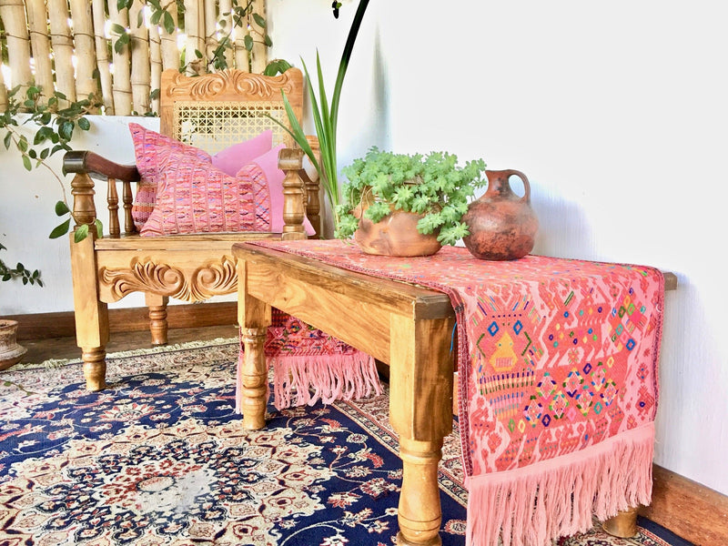 Guatemalan Huipil Pillow, vintage, hand woven pink lumbar cushion from San Juan Cotzal 