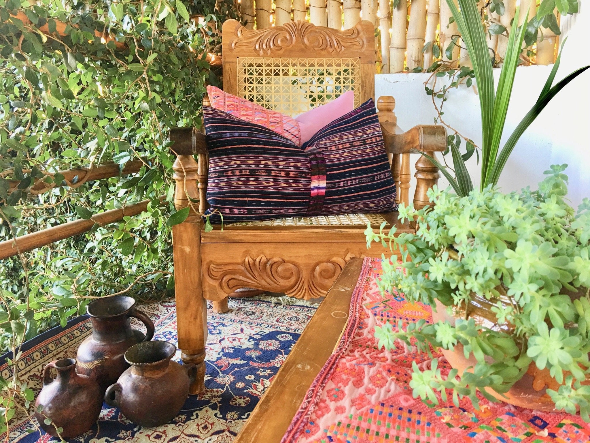 Guatemalan Textile Pillow, vintage, hand woven navy blue and pink striped ikat lumbar cushion