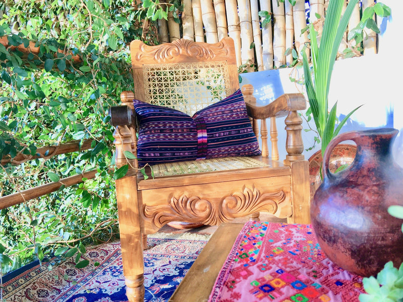 Guatemalan Textile Pillow, vintage, hand woven navy blue and pink striped ikat lumbar cushion