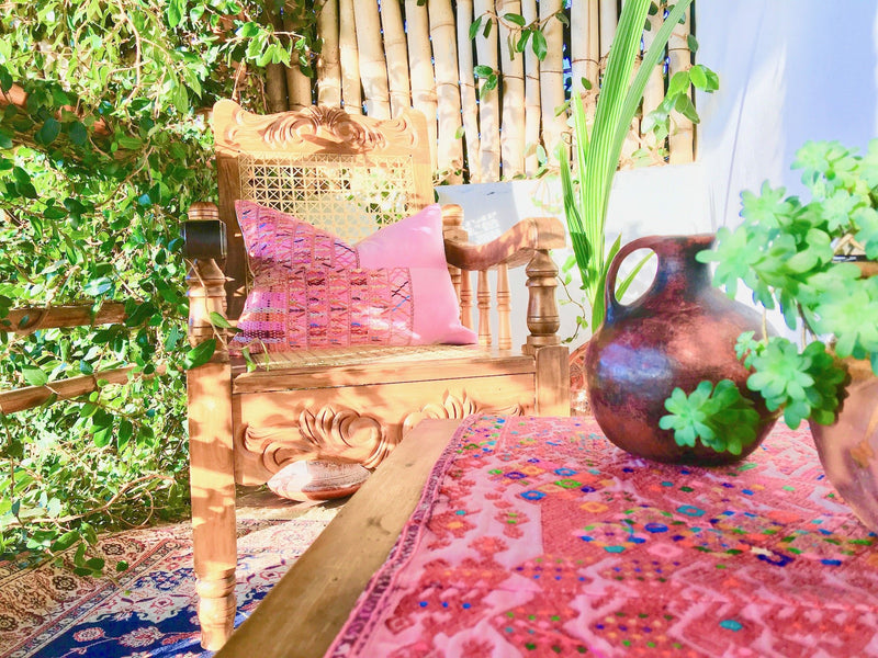 Guatemalan Huipil Pillow, vintage, hand woven pink lumbar cushion from San Juan Cotzal 