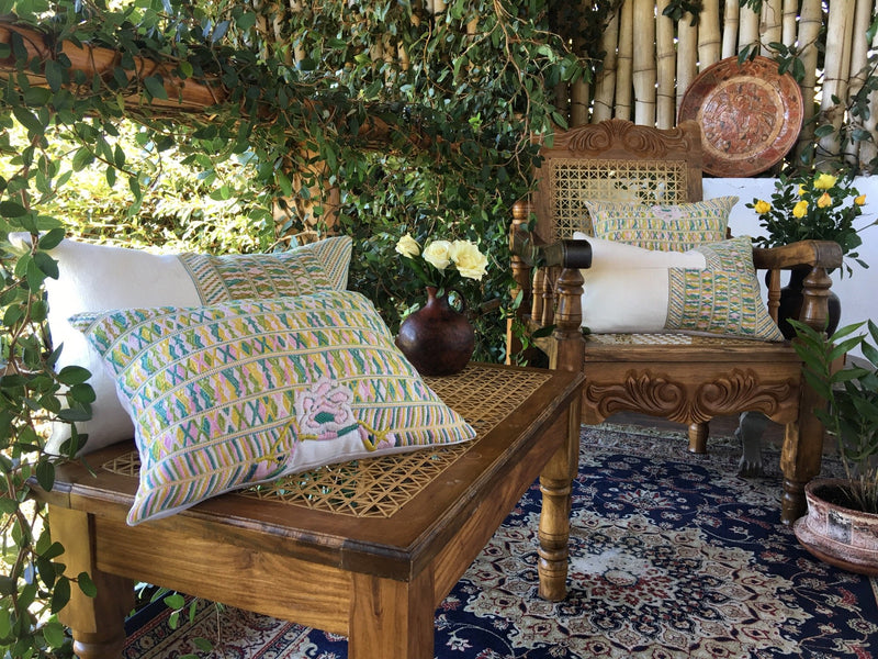 Guatemalan Huipil Pillow, vintage, hand woven green, pink and white lumbar cushion from San Juan Cotzal