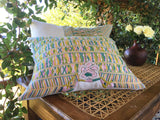 Guatemalan Huipil Pillow, vintage, hand woven green, pink and white lumbar cushion from San Juan Cotzal