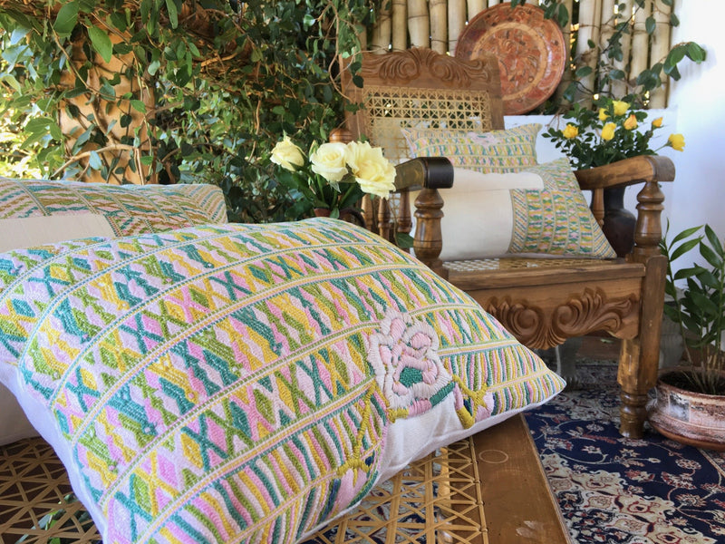 Guatemalan Huipil Pillow, vintage, hand woven green, pink and white lumbar cushion from San Juan Cotzal