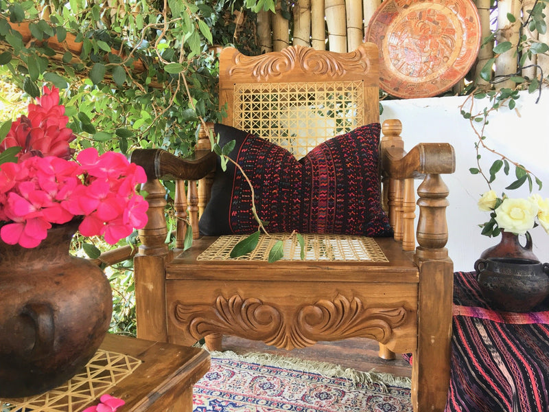 Guatemalan Huipil Pillow, vintage, hand woven black lumbar cushion from San Lucas 