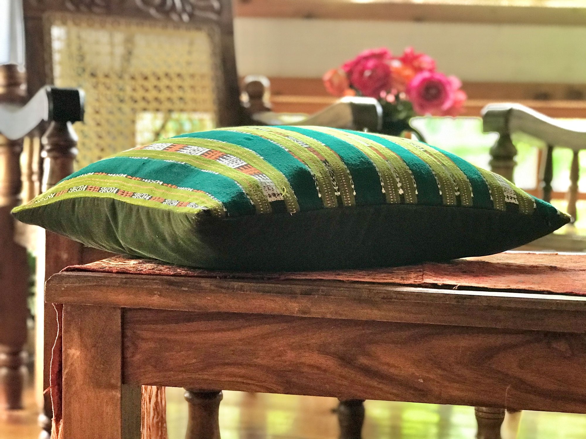 Guatemalan Textile Pillow, vintage, hand woven green and olive striped ikat throw cushion 