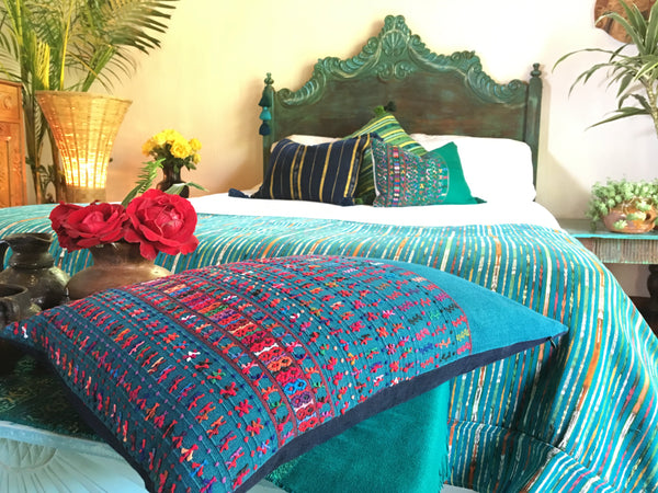 Guatemalan Huipil Pillow, vintage, hand woven teal lumbar cushion from San Lucas 