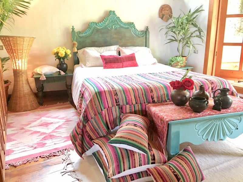 Guatemalan Textile Pillow, vintage, hand woven pink, green, yellow striped ikat throw cushion