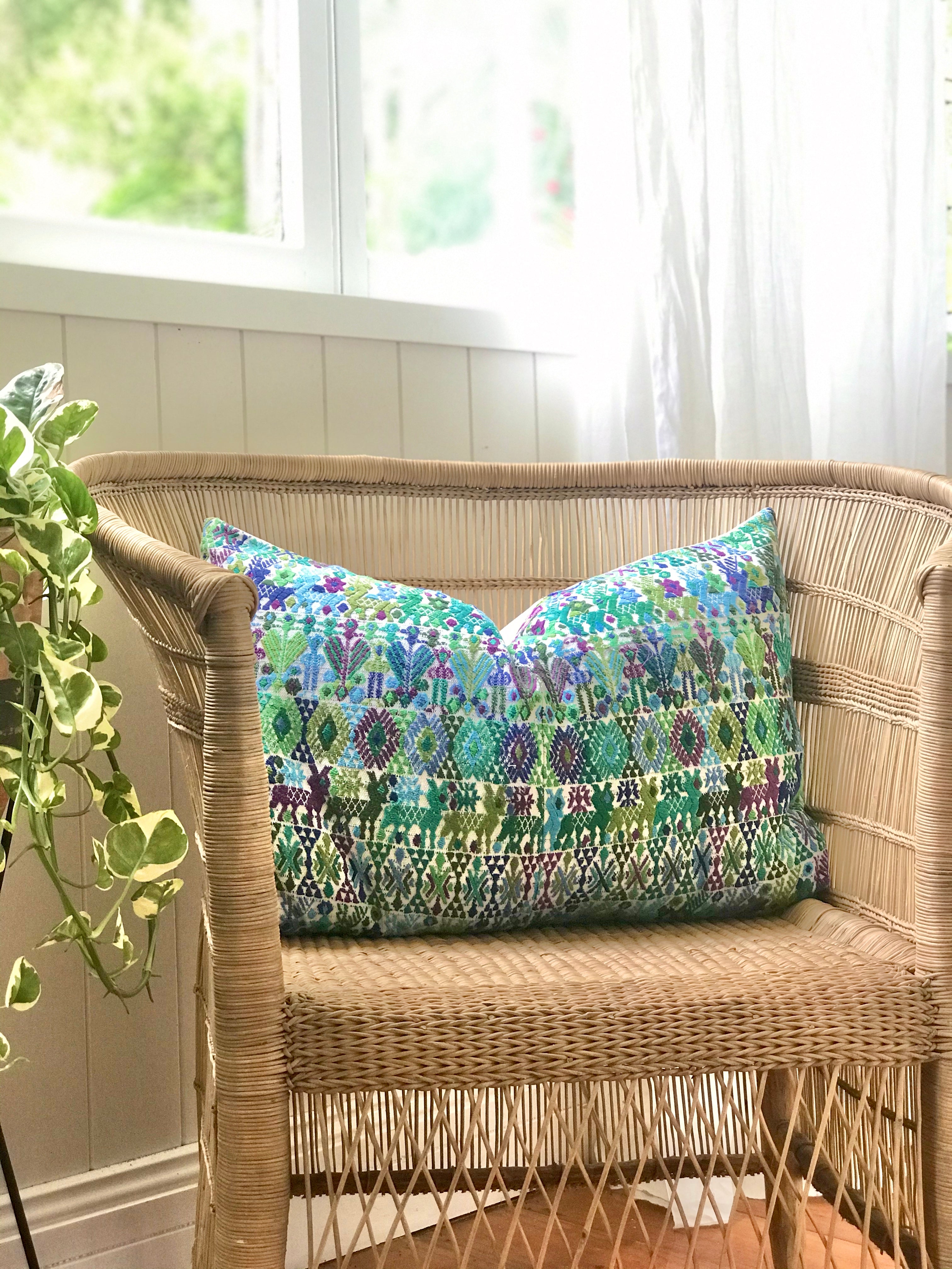 Guatemalan Huipil Textile Pillow, vintage, hand embroidered blue bohemian cushion from Coban