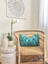 Guatemalan Huipil Textile Pillow, vintage, hand embroidered turquoise bohemian cushion from Coban