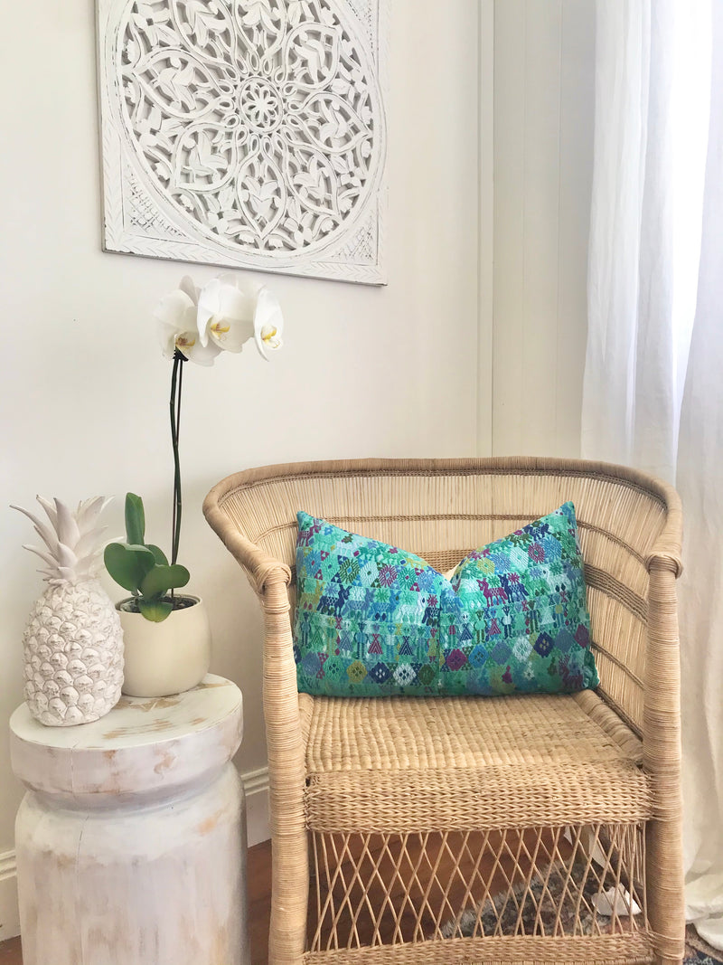 Guatemalan Huipil Textile Pillow, vintage, hand embroidered turquoise bohemian cushion from Coban