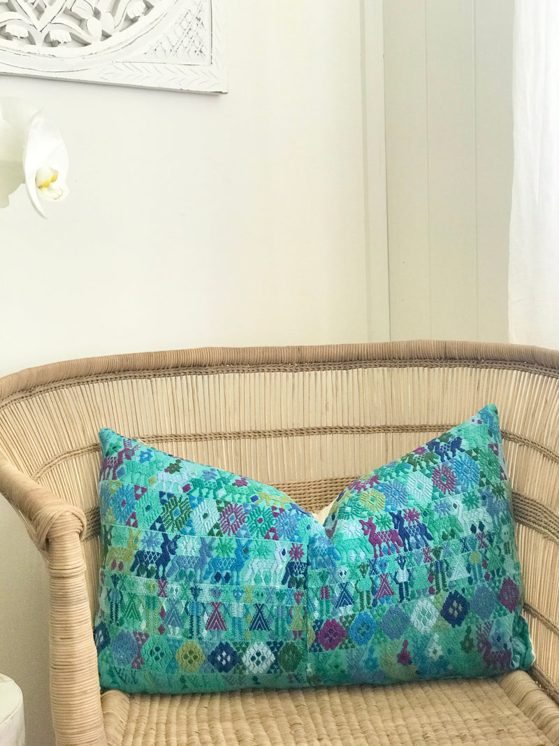 Guatemalan Huipil Textile Pillow, vintage, hand embroidered turquoise bohemian cushion from Coban