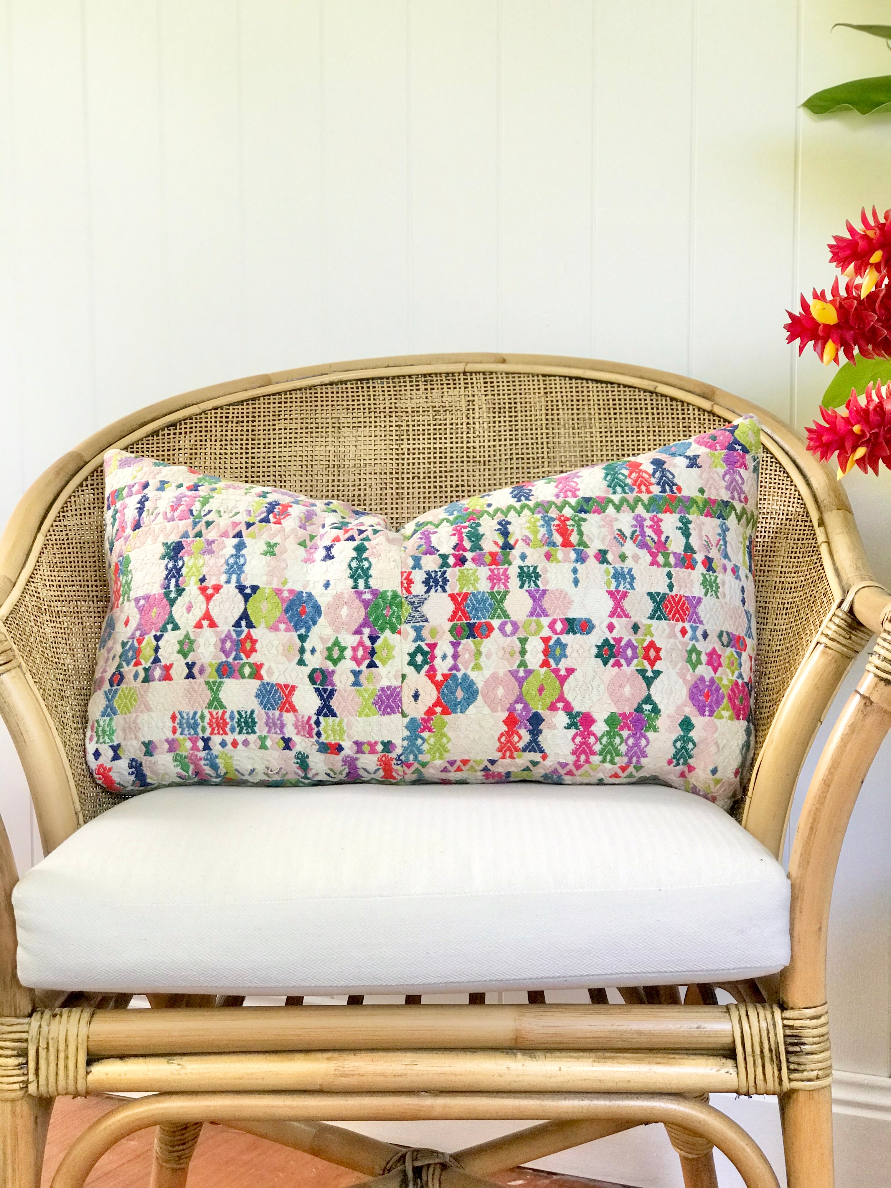 Guatemalan Huipil Textile Pillows, vintage, hand embroidered colourful bohemian cushion from Coban