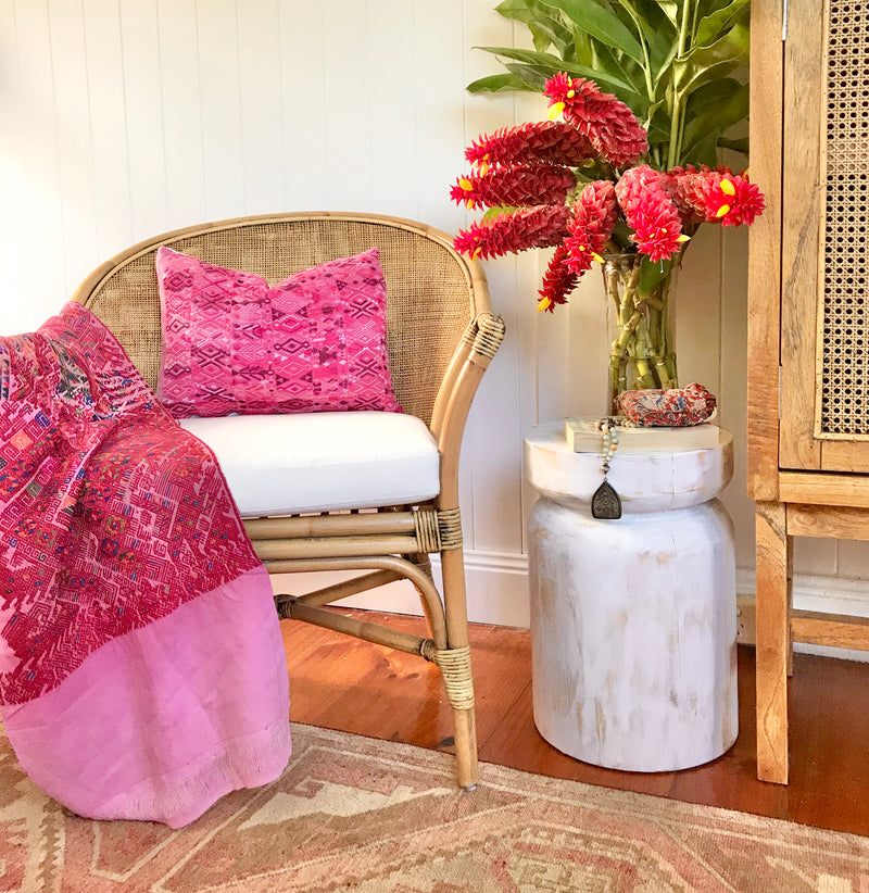 Set of 3 Guatemalan Huipil Pillows, vintage, hand embroidered textiles in hot pink and white with a playful tribal design