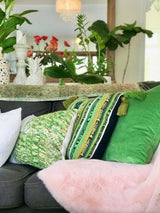 Guatemalan Corte Pillow, vintage, hand woven green striped ikat lumbar cushion with tassels