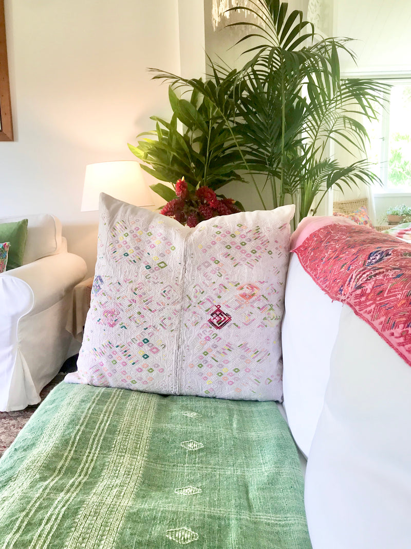 Guatemalan Huipil Textile Pillows, vintage, hand embroidered pale pink abstract cushion from Nahuala
