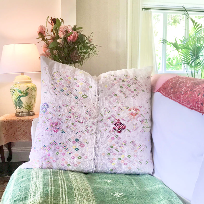 Guatemalan Huipil Textile Pillows, vintage, hand embroidered pale pink abstract cushion from Nahuala