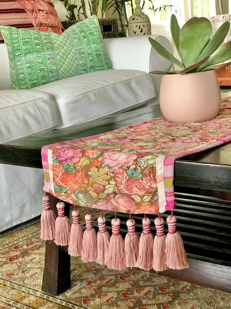 Guatemalan Textile, pink floral table runner with tassels made from a Nahuala huipil