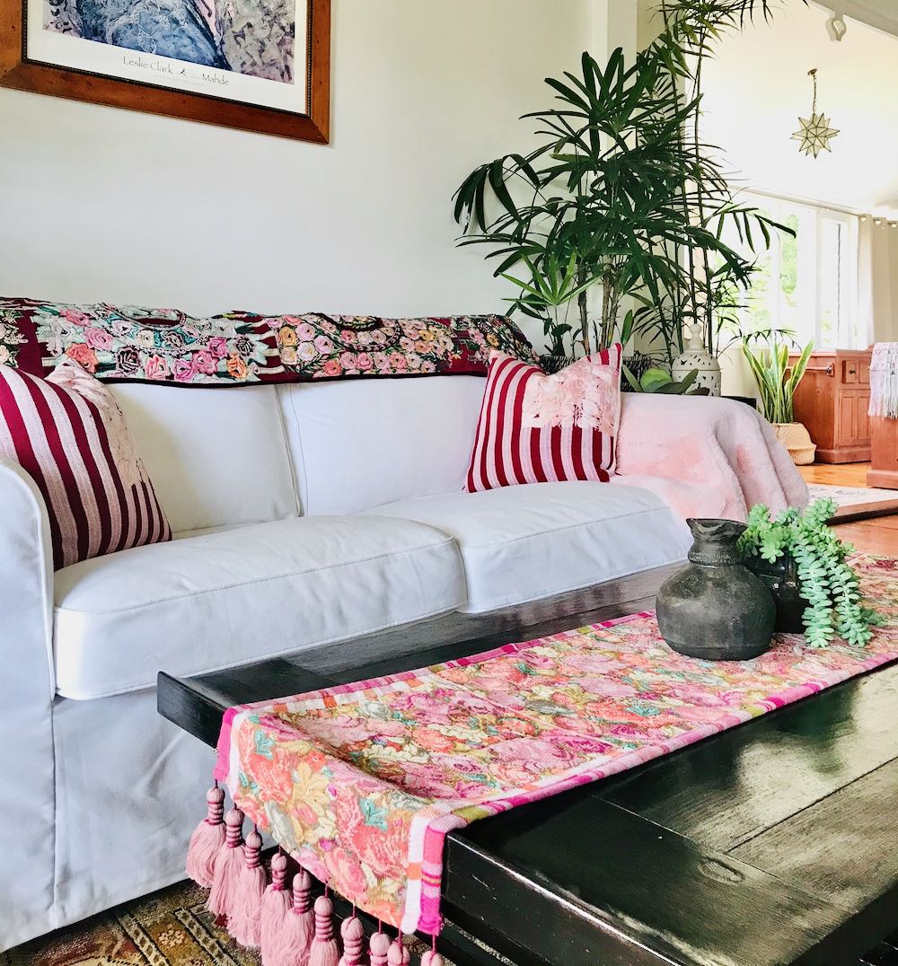 Guatemalan Huipil Pillow, vintage, hand woven red and pink striped floral throw cushion from Patzun