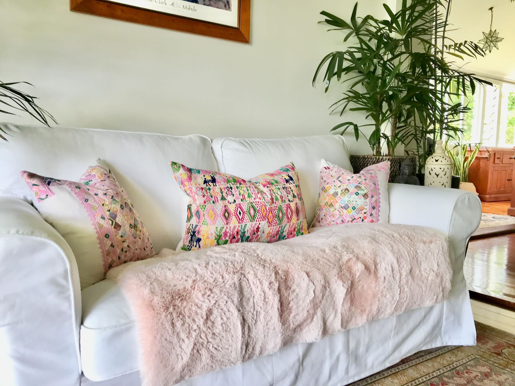 Guatemalan Huipil Pillow, vintage, hand woven colourful pastel lumbar cushion from Coban