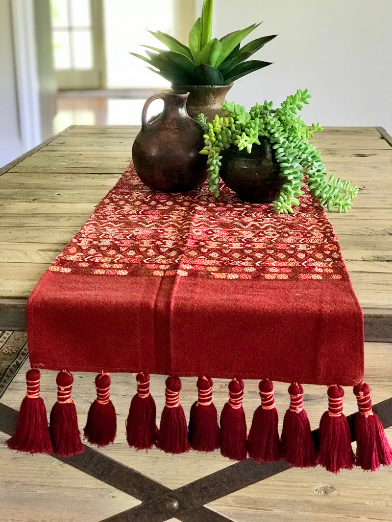 Guatemalan Textile, red table runner repurposed from a huipil from Santa Maria de Jesus 