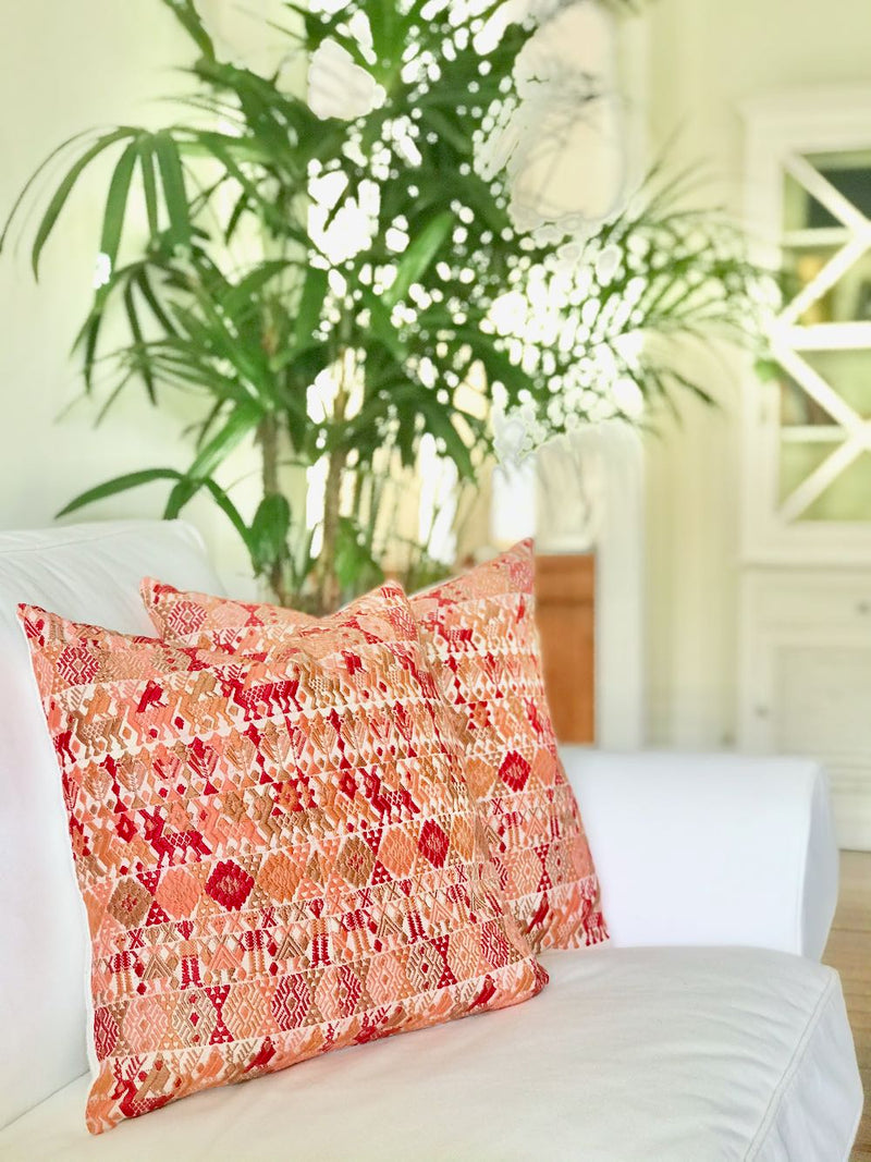 Guatemalan Huipil Pillow, vintage, hand woven coral throw cushion from Coban