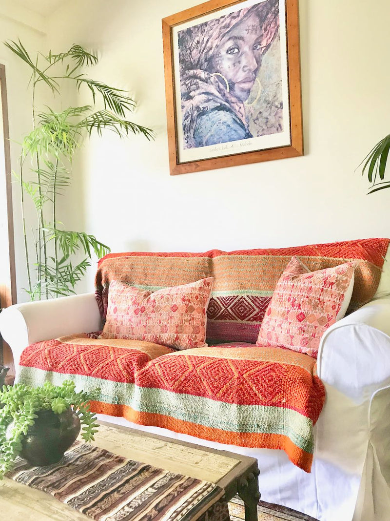 Guatemalan Huipil Pillow, vintage, hand woven coral lumbar cushion from Coban
