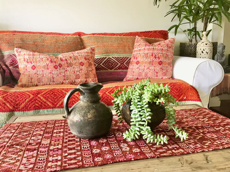 Guatemalan Huipil Pillow, vintage, hand woven coral lumbar cushion from Coban