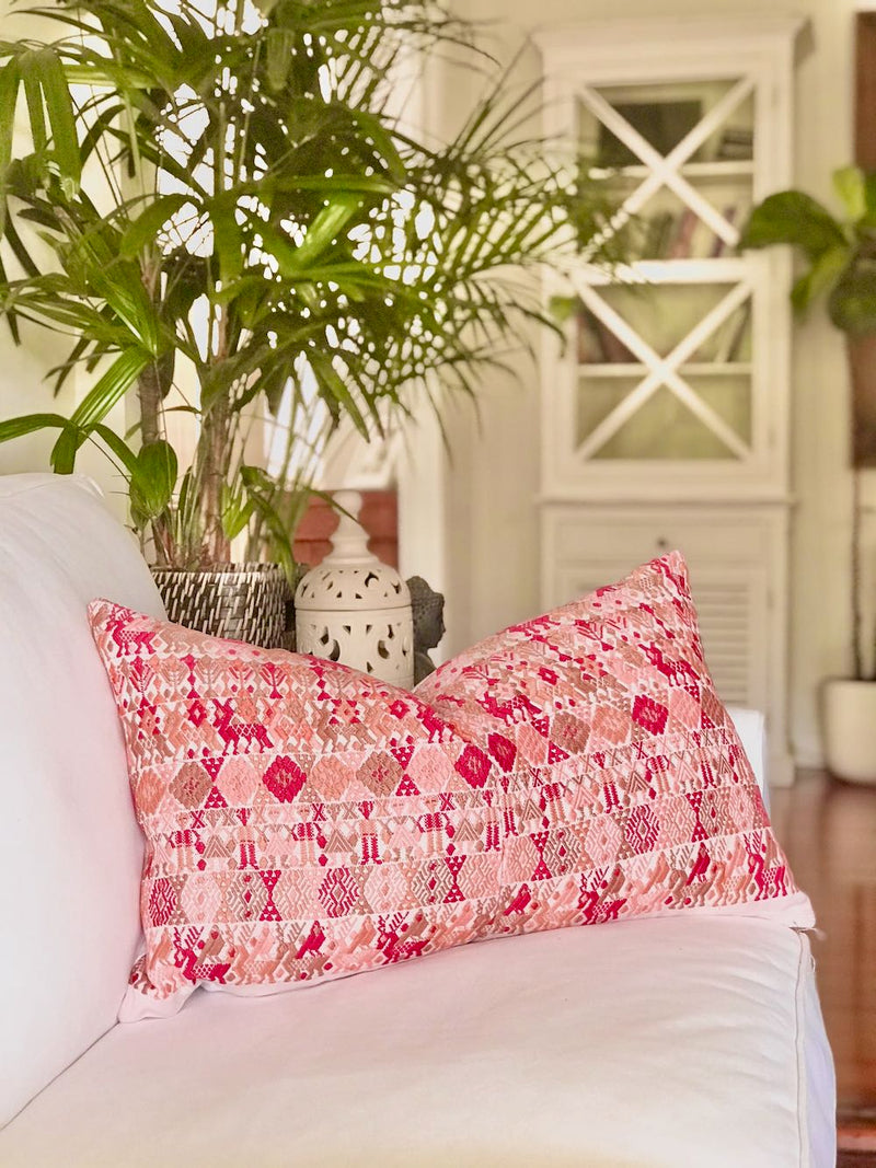 Guatemalan Huipil Pillow, vintage, hand woven coral lumbar cushion from Coban