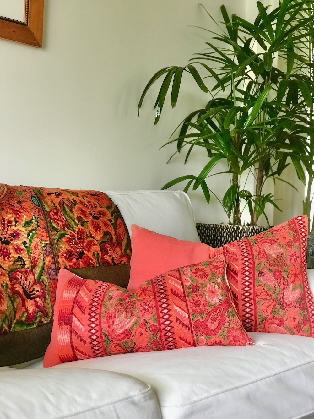 Guatemalan Huipil Pillow, Vintage, hand woven coral floral lumbar cushion from Aguas Calientas