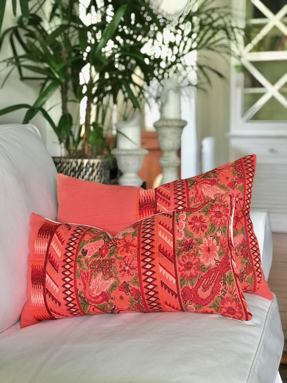 Guatemalan Huipil Pillow, Vintage, hand woven coral floral lumbar cushion from Aguas Calientas