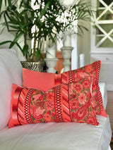 Guatemalan Huipil Pillow, Vintage, hand woven coral floral lumbar cushion from Aguas Calientas