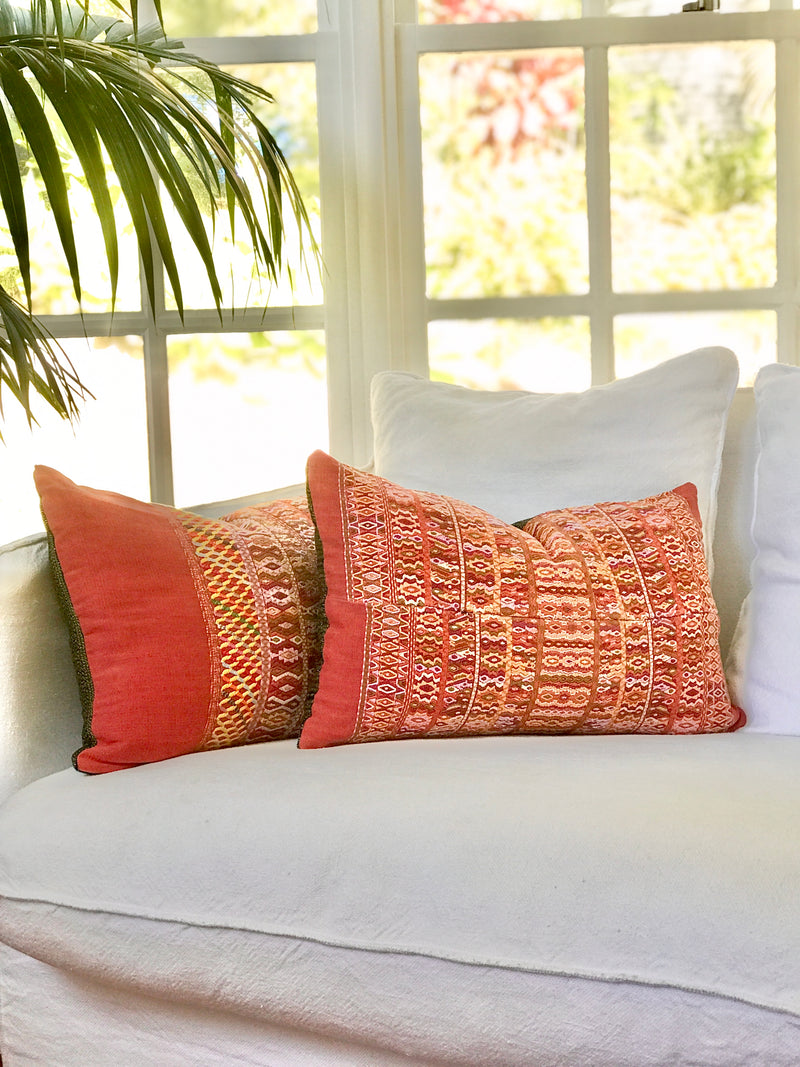 Vintage textile pillows made from a Guatemalan huipil and corte.