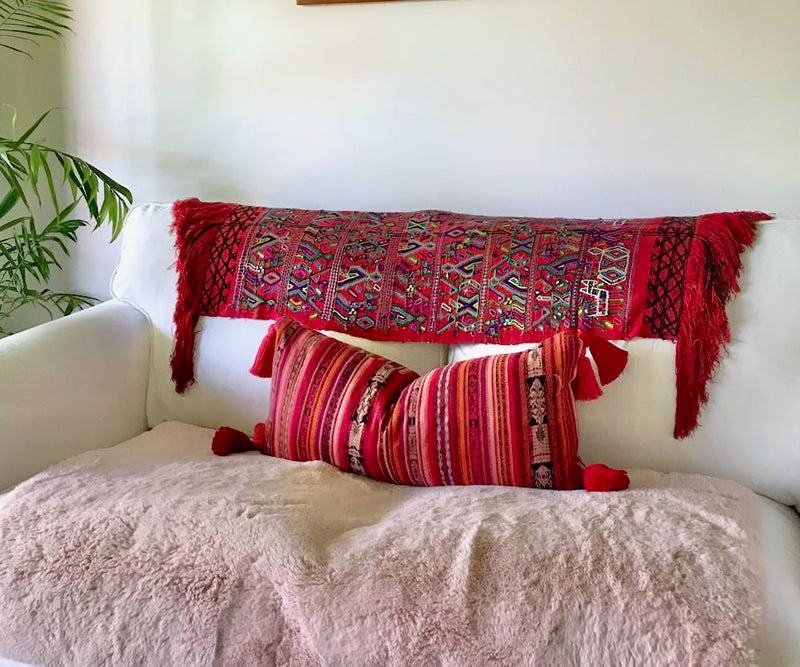 Guatemalan Corte Pillow, hand woven pink and coral striped ikat lumbar cushion with tassels