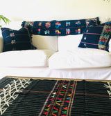 Guatemalan Textile, black with white pinstripe table runner with colourful embroidery and fringe. Originally a San Juan Cotzal tzute